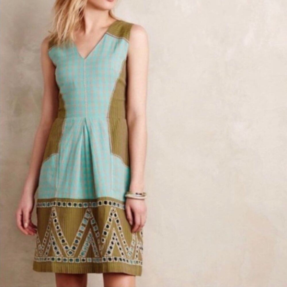 Anthropologie HD in Paris Gingham Plaid Perforated Dress Teal Gray 0